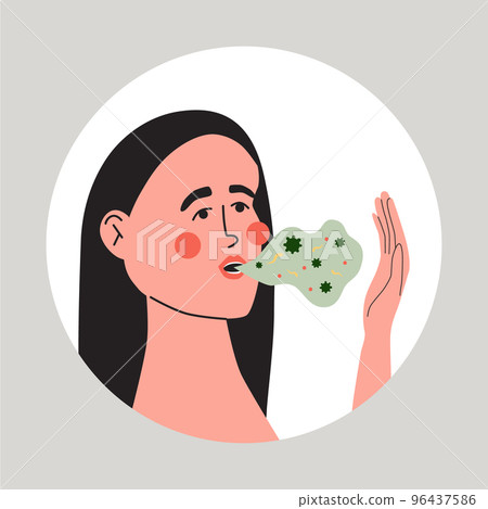 Woman with bad smelling breath. Halitosis oral health problem. Flat vector medical illustration 96437586