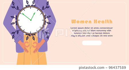 Women health banner. Clock hands show chek mark, woman hold hands symbolizin female genital organs. Flat vector illustration Women health banner. Clock hands show chek mark, woman hold hands symbolizin female genital organs. Flat vector illustration 96437589