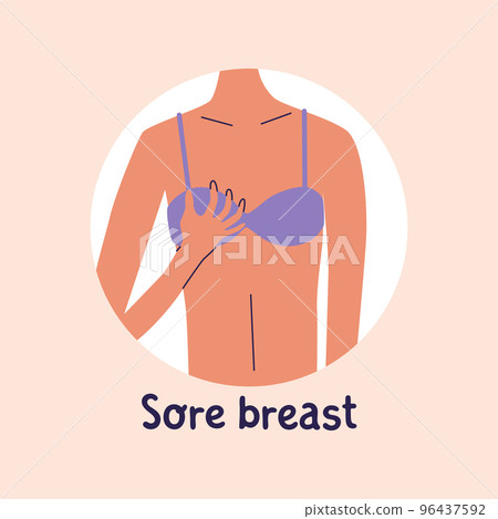 Woman touch her chest, breast pain, cancer symptom, matitis infection, inflammation problem. Flat vecto illustration 96437592