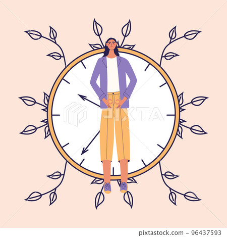 Menopause, climacteric, hormone replcement concept. Mature women hold hands symbolizin female genital organs. Middle aged lady flat vector illustration 96437593