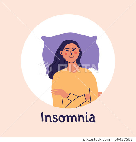 Woman suffering from insomnia. Female lying in bed and cann't sleep. Mental problem, depression. Flat vector illustration 96437595