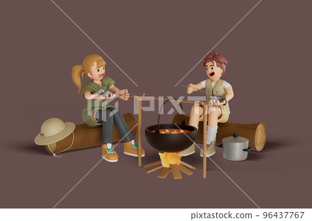 Male and female tourists go on a motorcycle trip. 3D Render illustration 96437767