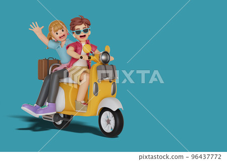 Male and female tourists go on a motorcycle trip. 3D Render illustration 96437772