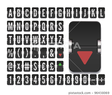 Flip board alphabet to display stock exchange rates. Airport terminal mechanical scoreboard font for financial markets information and timetable showing. Vector illustration. Flip board alphabet to display stock exchange rates. Airport terminal mechanical scoreboard font for financial markets information and timetable showing. Vector illustration. 96438069