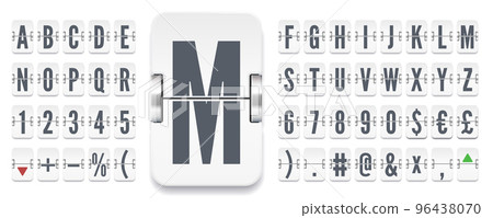 Airport terminal mechanical scoreboard alphabet for flight departure or finance information. White flip board regular font to display stock exchange rates vector illustration 96438070