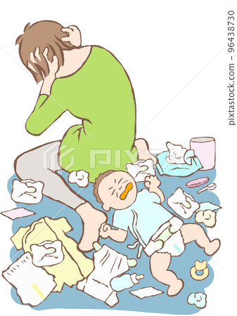 Illustration of a young woman with childcare neurosis holding her head and a crying baby 96438730