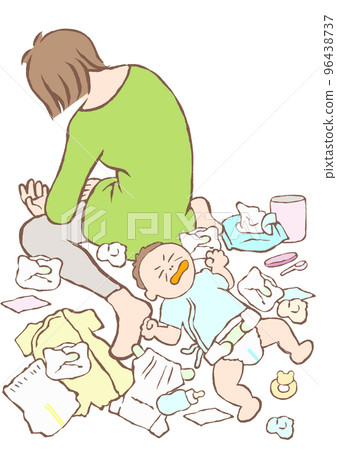 一位因育兒和哭鬧的嬰兒而筋疲力盡的年輕女性的插圖 一位因育兒和哭鬧的嬰兒而筋疲力盡的年輕女性的插圖 96438737