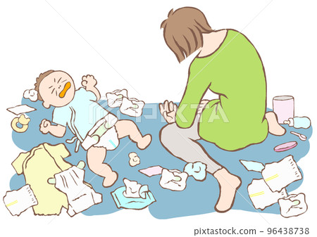 一位因育兒和哭鬧的嬰兒而筋疲力盡的年輕女性的插圖 一位因育兒和哭鬧的嬰兒而筋疲力盡的年輕女性的插圖 96438738