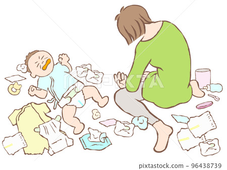 一位因育兒和哭鬧的嬰兒而筋疲力盡的年輕女性的插圖 一位因育兒和哭鬧的嬰兒而筋疲力盡的年輕女性的插圖 96438739