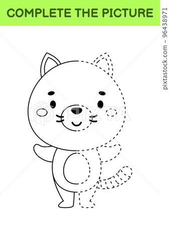 Complete drawn picture of cute cat. Coloring book. Dot copy game. Handwriting practice, drawing skills training. Education developing printable worksheet. Activity page. Vector illustration 96438971
