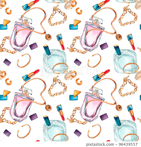 Perfume bottle with bijou, rouge watercolor seamless pattern isolated on white. Perfume bottle with bijou, rouge watercolor seamless pattern isolated on white. 96439557