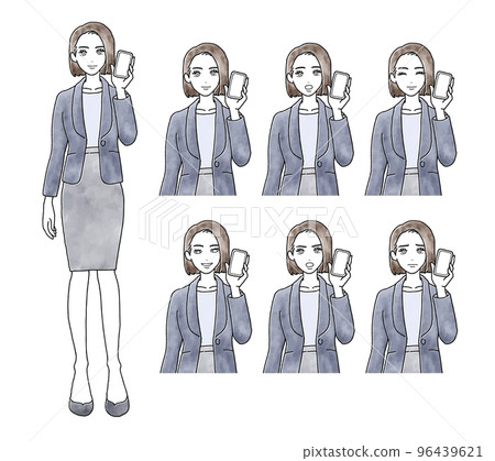 此處顯示智能手機屏幕的女性的面部表情差異水彩風格插圖素材 96439621