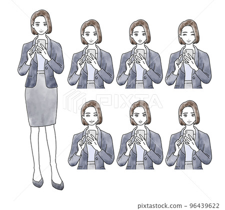 操作智能手機的女性的面部表情差異水彩風格插畫素材 96439622