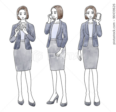 Watercolor style set illustration material of a woman in a suit operating a smartphone and talking with a surprised expression Watercolor style set illustration material of a woman in a suit operating a smartphone and talking with a surprised expression 96439626