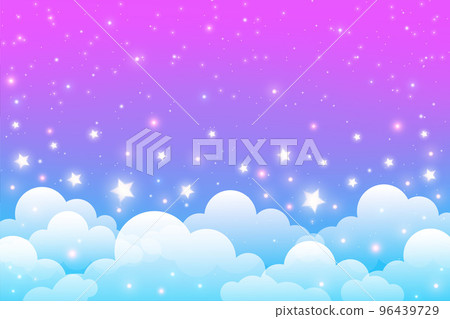 Rainbow unicorn background with clouds and stars. Pastel color sky. Magical landscape, abstract fabulous pattern. Cute candy wallpaper. Vector. Rainbow unicorn background with clouds and stars. Pastel color sky. Magical landscape, abstract fabulous pattern. Cute candy wallpaper. Vector. 96439729