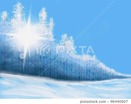 冬天的北海道,晨光透過白霜防風林 冬天的北海道,晨光透過白霜防風林 96440807
