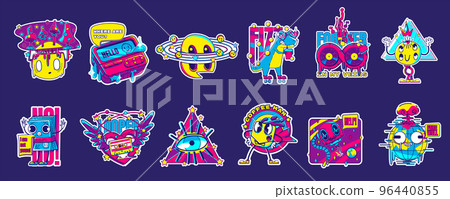 Psychedelic retro rave stickers with funny patches Psychedelic retro rave stickers with funny patches 96440855