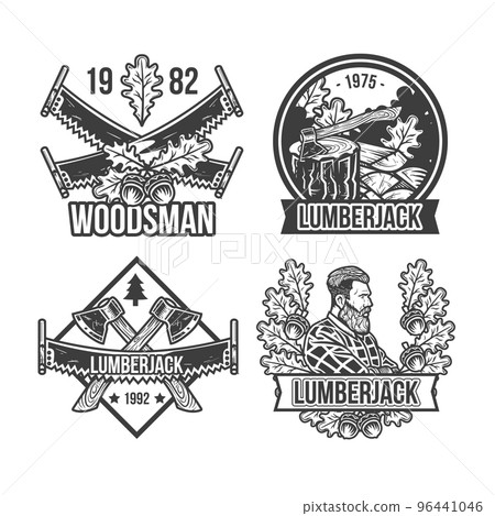 Set of vintage lumberjack emblems, labels, badges, logos. Isolated on white Set of vintage lumberjack emblems, labels, badges, logos. Isolated on white 96441046
