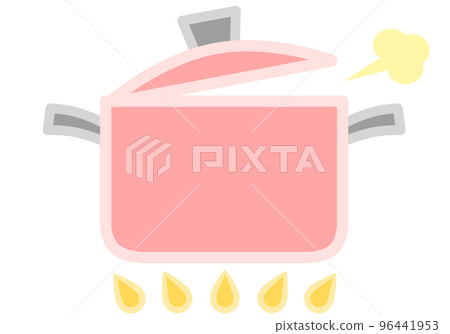 Illustration of a red two-handed pan with a black handle on fire and steam rising (with lid) 96441953