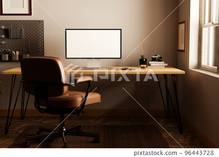 Minimal vintage home workspace with computer mockup on wood table, vintage lather chair 96443728