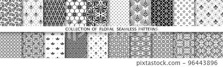 Geometric floral set of seamless patterns. Black and white backgrounds. Simple illustrations Geometric floral set of seamless patterns. Black and white backgrounds. Simple illustrations 96443896