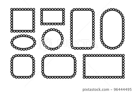 Circle and square scalloped frames. Scalloped edge rectangle and ellipse shapes. Simple label and sticker form. Flower silhouette lace frame. Vector illustration isolated on white background 96444495