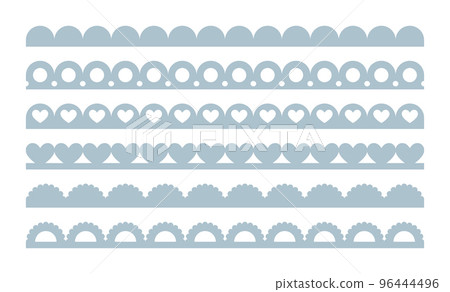 Scalloped edge seamless brush strokes set. Simple scalloped border. Fabric laces silhouette. Repeat cute vintage frill ornament. Texture ribbons. Vector illustration isolated on white background 96444496