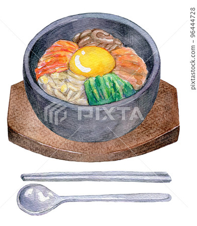 Korean cuisine watercolor illustration Stone-baked bibimbap 96444728
