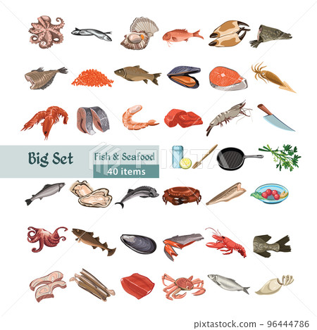 Hand Drawn Colorful Seafood Set 96444786
