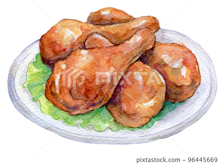 韓國食品水彩插圖韓式 yangnyeom 雞 韓國食品水彩插圖韓式 yangnyeom 雞 96445669