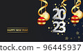 Happy new year 2023.golden Christmas decoration and confetti onbackground. Holiday greeting card design. 96445937