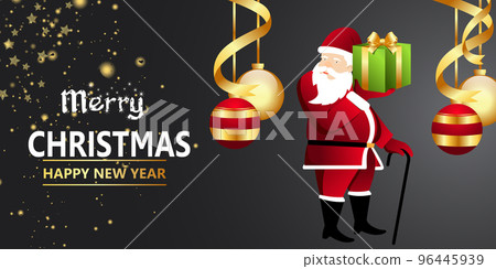 Merry Christmas and Happy New Year. Background with realistic festive Santa Claus and 3d gifts box. Xmas present. white with red ribbon gift surprise, Golden Christmas bauble 96445939