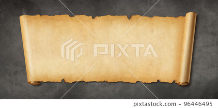 Old paper horizontal banner. Parchment scroll on a concrete wall Old paper horizontal banner. Parchment scroll on a concrete wall 96446495