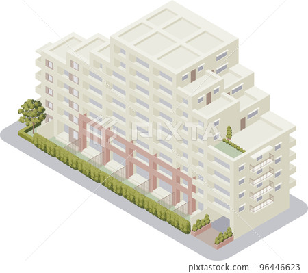 Isometric illustration of an apartment building with a private garden 96446623