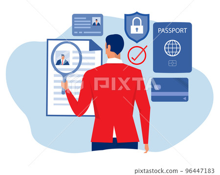 KYC or know your customer with business verifying the identity of its client's concept at the partners-to-be through a magnifying glass Idea of business identification and finance safety. 96447183