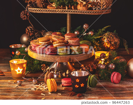 Wooden cake stand with macarons Wooden cake stand with macarons 96447263