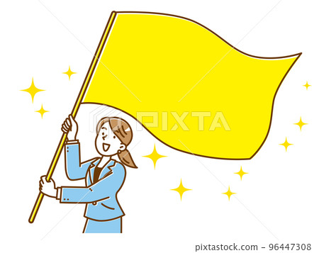 Young woman in a suit waving a big flag Young woman in a suit waving a big flag 96447308