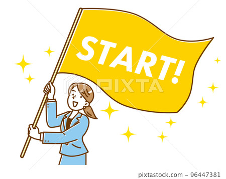 A young woman in a suit waving the start flag 96447381