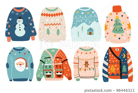 Ugly Christmas sweaters. Traditional warm holiday clothes. Knitted wear with New Year patterns. Funny cozy pullovers. Colorful jerseys ornaments. Casual knitwear. Garish vector set Ugly Christmas sweaters. Traditional warm holiday clothes. Knitted wear with New Year patterns. Funny cozy pullovers. Colorful jerseys ornaments. Casual knitwear. Garish vector set 96448321