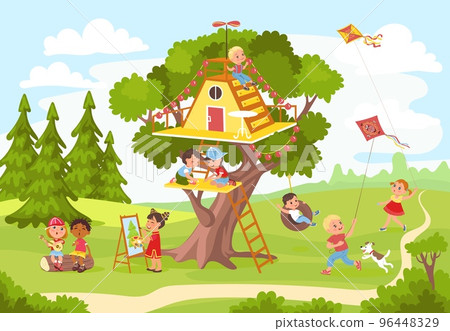 Tree house with kids. Funny boys and girls play on green backyard. Cozy home in branches of oak. Happy children outdoor leisure. Kite and swing. Wooden shelter. Splendid vector concept 96448329