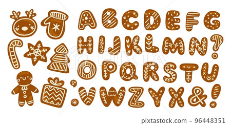 Gingerbread alphabet. Sugar Christmas biscuits. Ginger cookies with glaze decorations. Uppercase letters and numbers. Holiday font elements. Pastry typeface. Garish vector alphabetical set 96448351