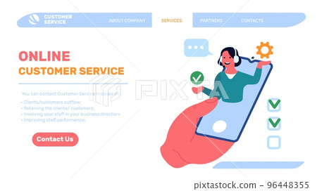 Customer service landing page. Online feedback. Website interface design template. Business assistance. Mobile chatbot. Call center. Company hotline. Internet helpdesk. Vector concept 96448355