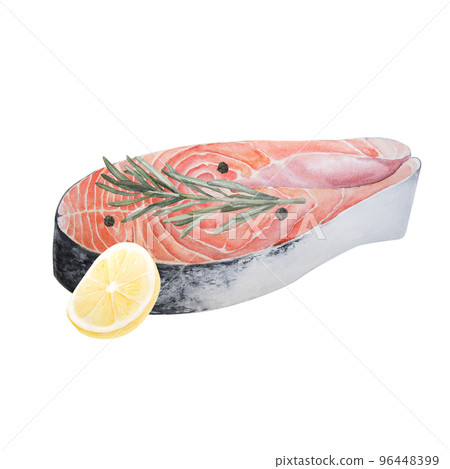 Watercolor illustration of raw salmon steak with lemon and rosemary and peppercorns isolated on white background 96448399