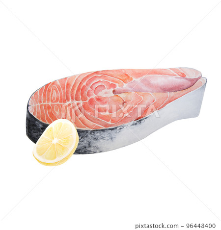 Watercolor illustration of raw salmon steak with lemon isolated on white background 96448400