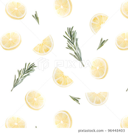Watercolor seamless pattern with lemons and rosemary on white background 96448403