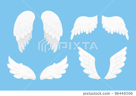 Set Angel wings white in cartoon style isolated on blue background, design element for decoration. Set Angel wings white in cartoon style isolated on blue background, design element for decoration. 96448506