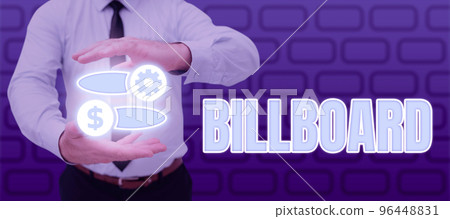 Conceptual caption Billboard. Word for a wide outdoor board for displaying normally on the side of a road Conceptual caption Billboard. Word for a wide outdoor board for displaying normally on the side of a road 96448831