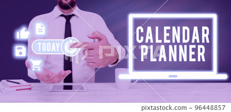 Writing displaying text Calendar Planner. Business concept schedule of activities or task that must be completed Writing displaying text Calendar Planner. Business concept schedule of activities or task that must be completed 96448857