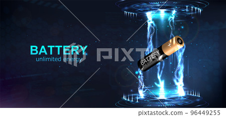 Futuristic banner 3d Li-Ion AA or AAA battery. Mockup banner with electric lightening bolt power Futuristic banner 3d Li-Ion AA or AAA battery. Mockup banner with electric lightening bolt power 96449255