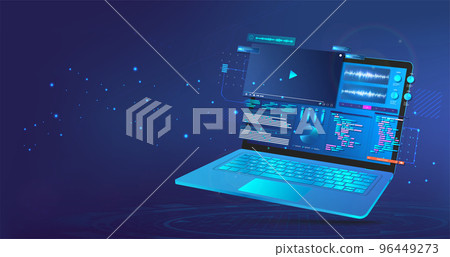 Make video content on 3D laptop with UI. Blue banner Make video content on 3D laptop with UI. Blue banner 96449273